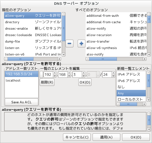 BIND GUI サーバーオプションの指定